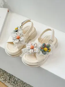 Girls' Princess Sandals, Summer Soft Sole Anti-Slip, Sweet Mesh Floral Pearl Shoes, Thick Bottom Velcro, Lightweight Beach Shoes