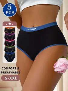 QUASTI 5/10 Pack High-Waist Stretch Cotton Women's Briefs – Contrast Letter Design, Soft Breathable Seamless Panties, Comfortable Sports & Daily Wear, Anti-Roll Edge, Perfect Gifts for Women & Girls, S–XXL