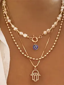 Women's Multi-Layer Evil Eye Necklace with Zirconia Pendant, Imitation Pearl Design, Bohemian Style Jewelry for Women, Elegant Accessory, Goddess Necklace, Fashion Matching Necklace, Layered Necklaces, Boho Style Jewelry