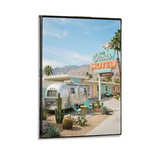 1pc Frameless Canvas Print, Retro Palm Springs Oasis Motel & Airstream, Vibrant Boho Wall Art for Home, Living Room, Bedroom, Office Decor, Printed Artwork