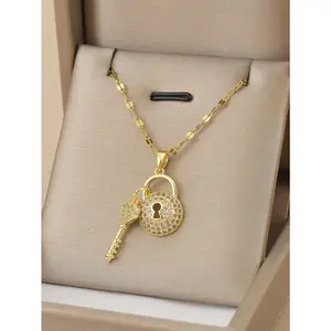 1pc Stainless Steel Key Lock Necklace for Women - Full Rhinestone Pendant Jewelry, Elegant Statement Piece, Luxury Gift