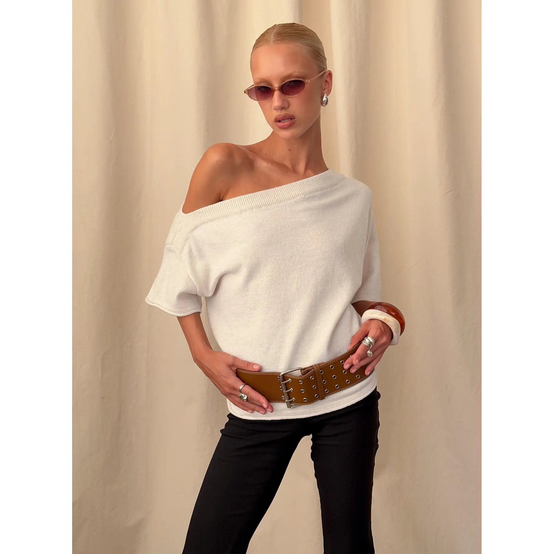 Kourta Off Shoulder Oversized Knit Top Oat - TikTok Shop