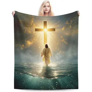 Jesus Christian Throw Blanket Jesus Walking on Water Flannel Blanket Christ Cross Religious Soft Cozy Fuzzy Plush Warm Stuff Bedding Blankets Gifts for Boys Girls Kids Adult Men Women