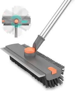 3-in-1 Scrub Brush with Long Handle Floor Scrubber Squeegee Broom Shower Cleaning Brush for Concrete Tile Wall Deck Patio Grey 180° Stiff Bristle Full Rotation Smooth Silicone Squeegee Adjustable Handle