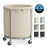 Modern Round Wheeled Laundry Basket - Freestanding Heavy Duty Bin, Steel Frame, 600D PVC Polyester Removable Bag Organiser, Portable Rolling Cart for Home Clothes Storage, Waterproof