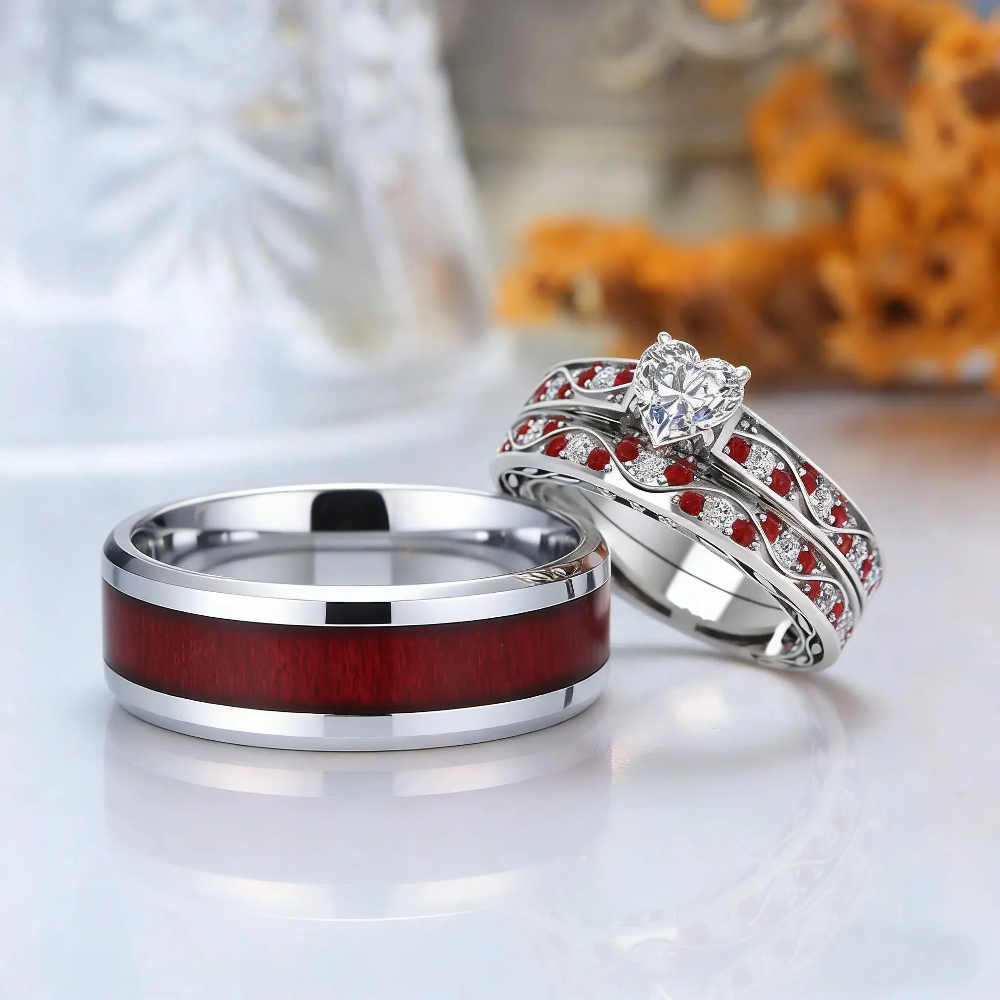 Fashion Couple Rings Women Heart White Crystal CZ Rings Set Red Wood Inlay Men's Stainless Steel Ring Wedding Band Jewelry Gift
