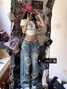 Plus Size American High Street Wide Leg Ripped Denim Women's Summer Retro High Waist Straight-leg Loose Mop Pants Pants