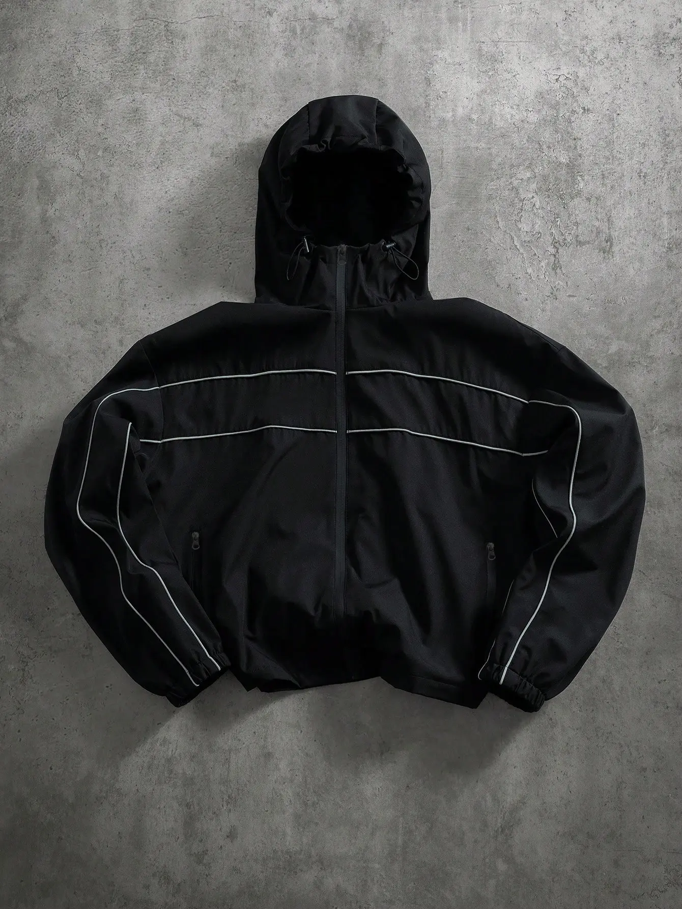 Men's Techwear Windbreaker Jacket - Hooded Drop-Shoulder Streetwear with Reflective Stripes, Full-Zip, and Windproof Polyester, Zipper, Cargo Pants