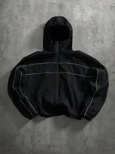 Short, wide-fit windbreaker jacket with reflective stripes; men’s hooded techwear streetwear jacket, 100% polyester
