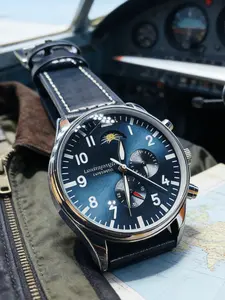 Men's Pilot Style Automatic Mechanical Watch, Hollow Base Round Dial Moon Phase Timer Leather Strap Luminous Waterproof Sport Business Gift, Casual Analog Watch