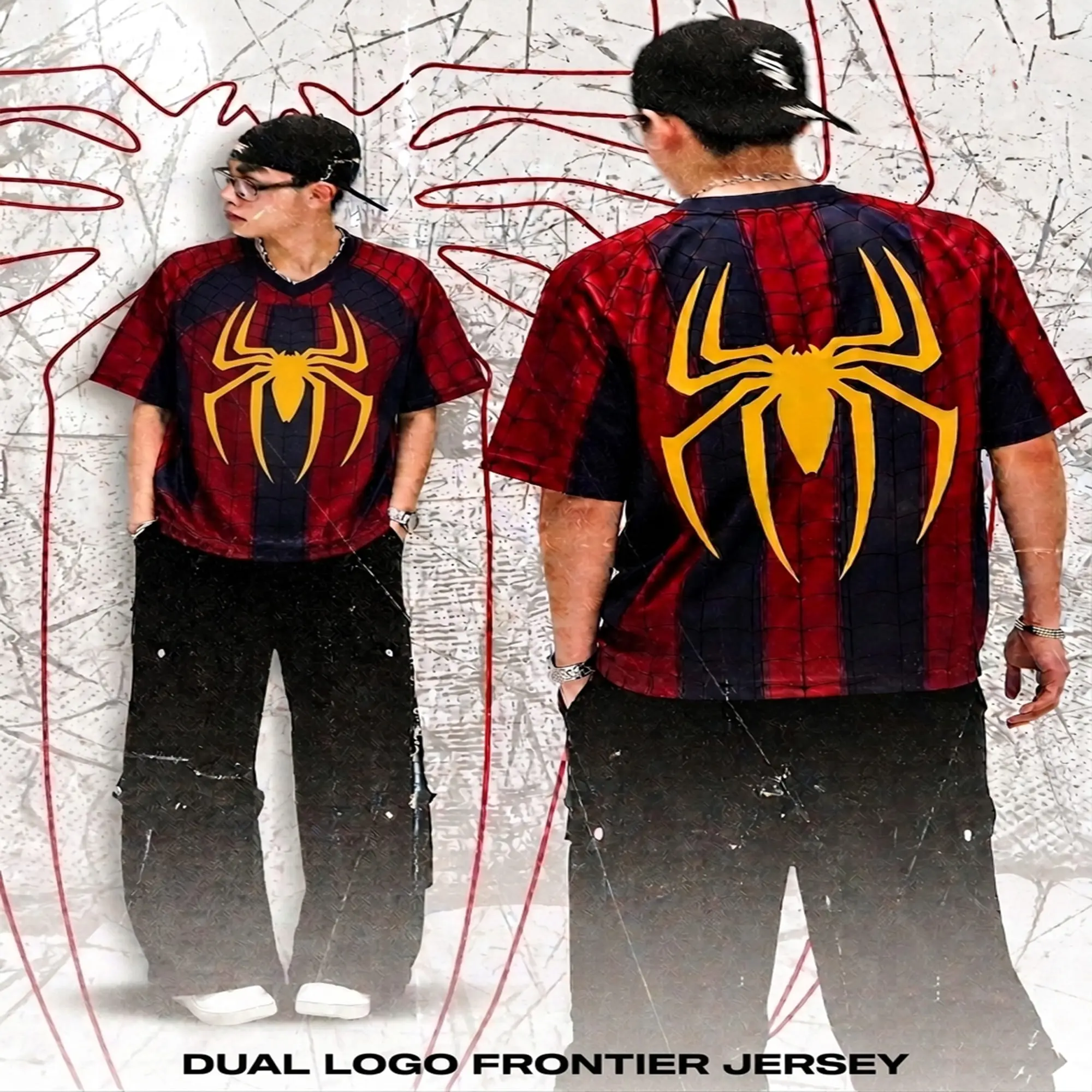Men's Oversized Spider Football Jersey V-Neck Y2K Streetwear Loose Fit Short Sleeve Lightning Web Print Football Jersey