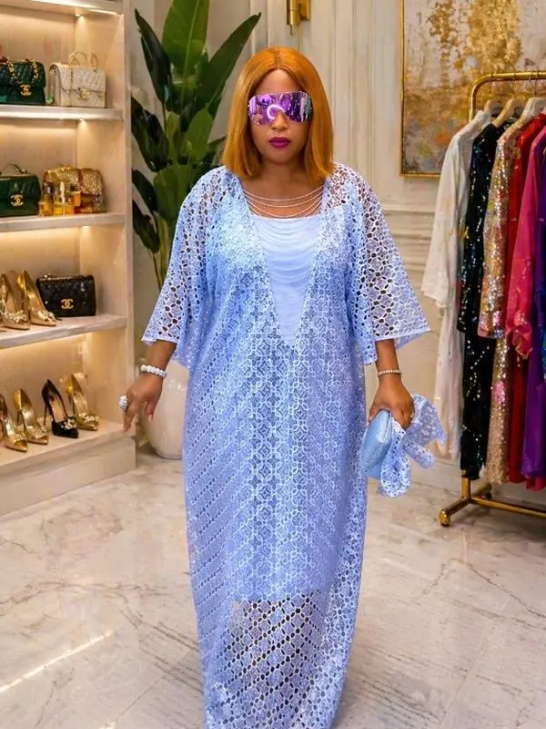 Elegant Periwinkle Intricate Lace Kaftan Maxi Dress with Inner Lining