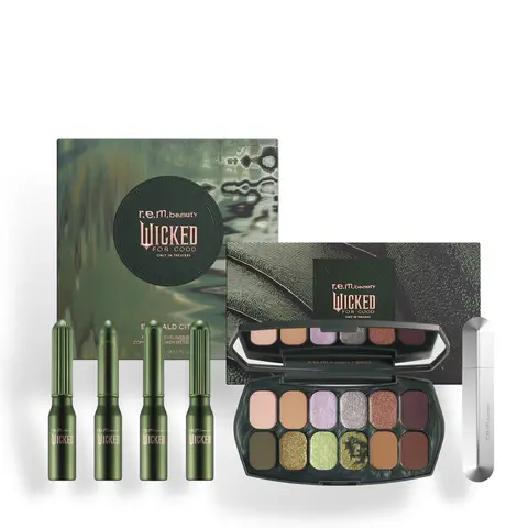 r.e.m. beauty x Wicked: For Good welcome to oz eyeshadow palette & metallic eyeliner set with mascara - clean makeup, highly pigmented