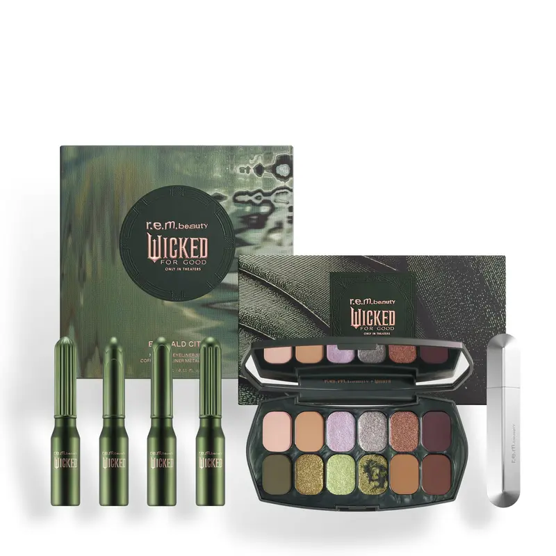r.e.m. beauty x Wicked: For Good welcome to oz eyeshadow palette & metallic eyeliner set with mascara - clean makeup, highly pigmented