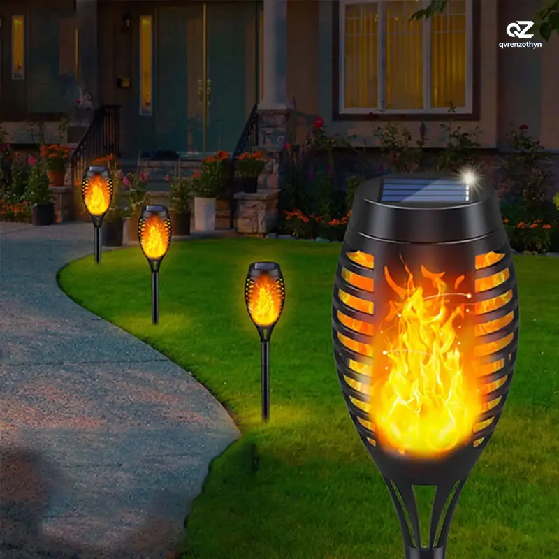 Solar Flame Effect LED Torch Lights - 12LED Outdoor Ground Fixtures, Garden Accessories, Solar Garden Decor with Realistic Fire for Patio Landscape Decor (Sports & Outdoor, Camping & Hiking, Lights & Lanterns, Batteries: Yes), Torch Shape, Ground Mount