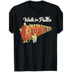 Retro Walk for Peace Monks with Aloka Dog Minimalist Zen Art T-Shirt Casual Style Crew Neck Regular Fit Medium Stretch Fabric Short Sleeve All Season Wear