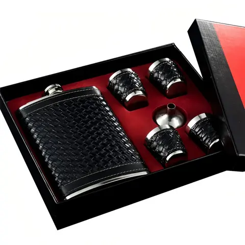 Men’s 6-Piece Black Braided Leather Hip Flask Bar Set - 9oz/250ml Corrosion-Resistant Stainless Steel Leakproof Twist-Cap Flask, Funnel, 4-Cup Pour Set, 60sec Gift Setup, Bottle Accessory Kit for Camping/Hiking Companions, Father’s Day Surprises