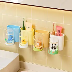 Cartoon Toy Toothbrush Holder Wall Mounted No Drilling Family Dental Set Kids Mouthwash Cup Toothbrush Rack Bathroom Accessory