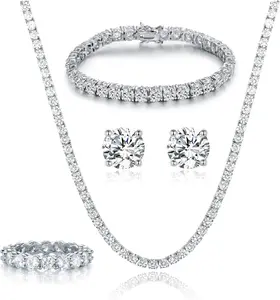 18K White Gold Plated Tennis Necklace/Bracelet/Earrings/Band Ring Sets Hypoallergenic Jewelry Pack of 4