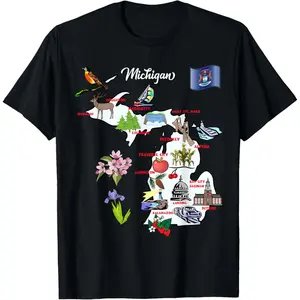 100% Cotton Illustrated map of Michigan in the USA, cities, symbols T-Shirt