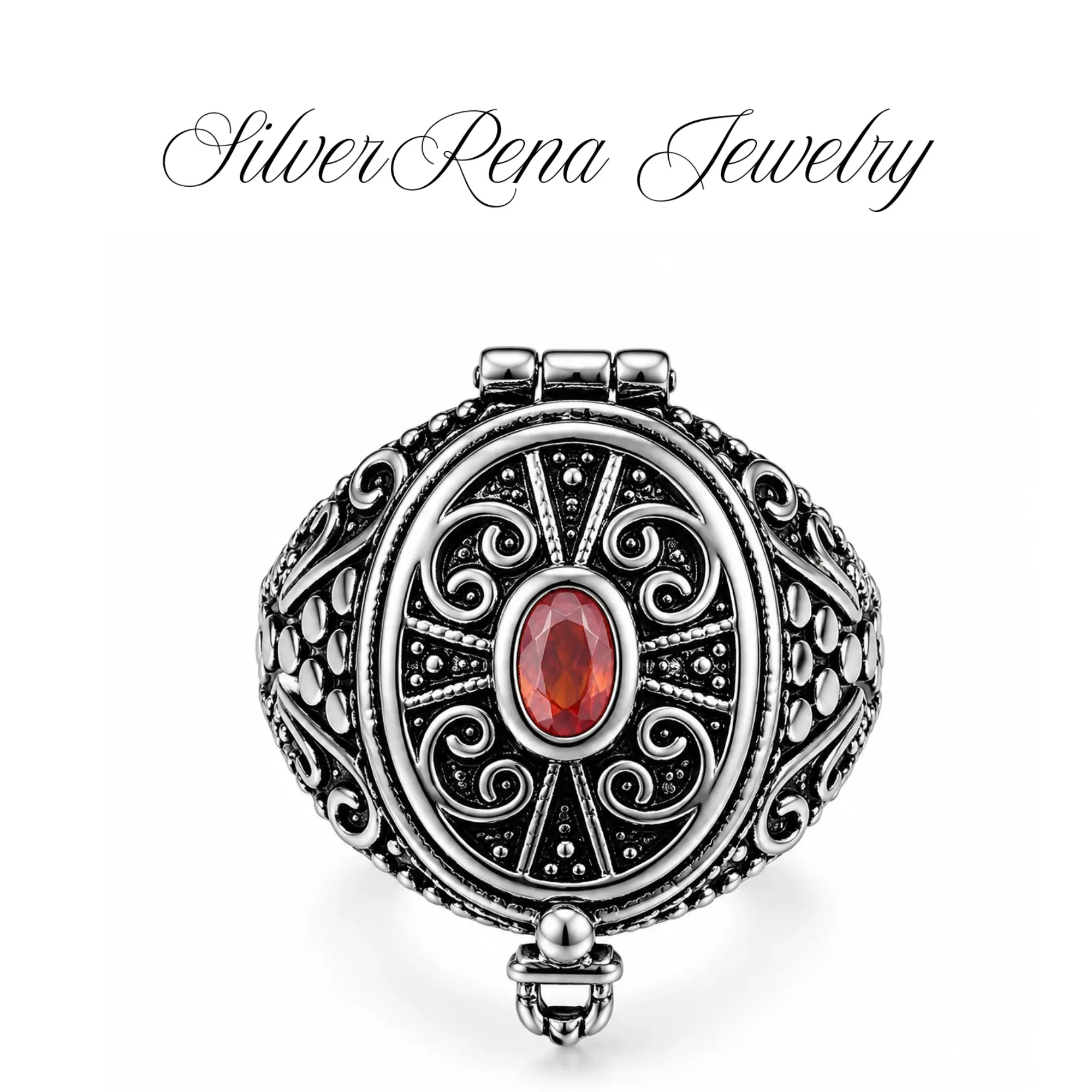 Women's S925 Sterling Silver Vintage Secret Locket - Adjustable Open Design with Hidden Photo Holder Compartment, Oval Red Gemstone Filigree Statement Piece, Personalized Anniversary Memory Keeper Jewelry Gift, Photo Holders