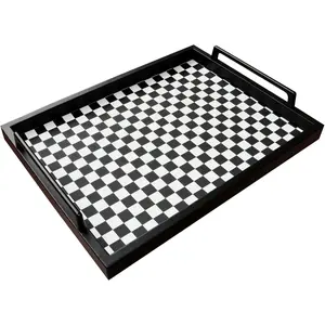 Living Room Coffee Table Decorative Tray, Food Service Tray, Leather Ottoman Tray,with Metal Handles 16.5 x 12.6 in (Black and White Grid)