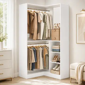Homieasy 36'' Corner Storage Cabinet, Walk-In Closet Organizer System Set with 2 Hanging Rods and Storage Shelves, Large Freestanding Closet Organizer System, White Corner Closet Organizer with Drawers and Rod for Organizer Storage Wardrobe Armoire