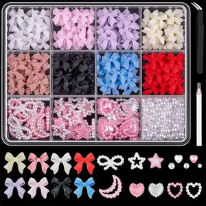 12grid/box Mixed Bowknots Nail Art Decorations 3d Resin Charms Kawaii White Pink Bow Rhinestone Nail Art DIY Manicure Tools