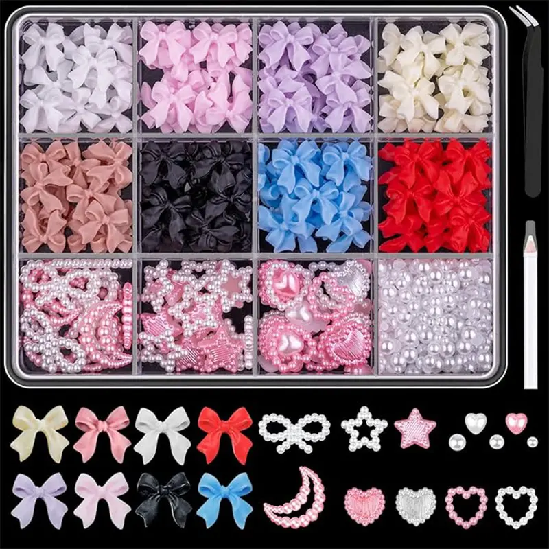 12grid/box Mixed Bowknots Nail Art Decorations 3d Resin Charms Kawaii White Pink Bow Rhinestone Nail Art DIY Manicure Tools