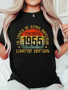70 Year Birthday Decorations Men Gag 70yr 1955 70th Birthday Print T-Shirt Casual Crew Neck Short Sleeve Comfort Tee Top For Spring & Summer Women's Clothing