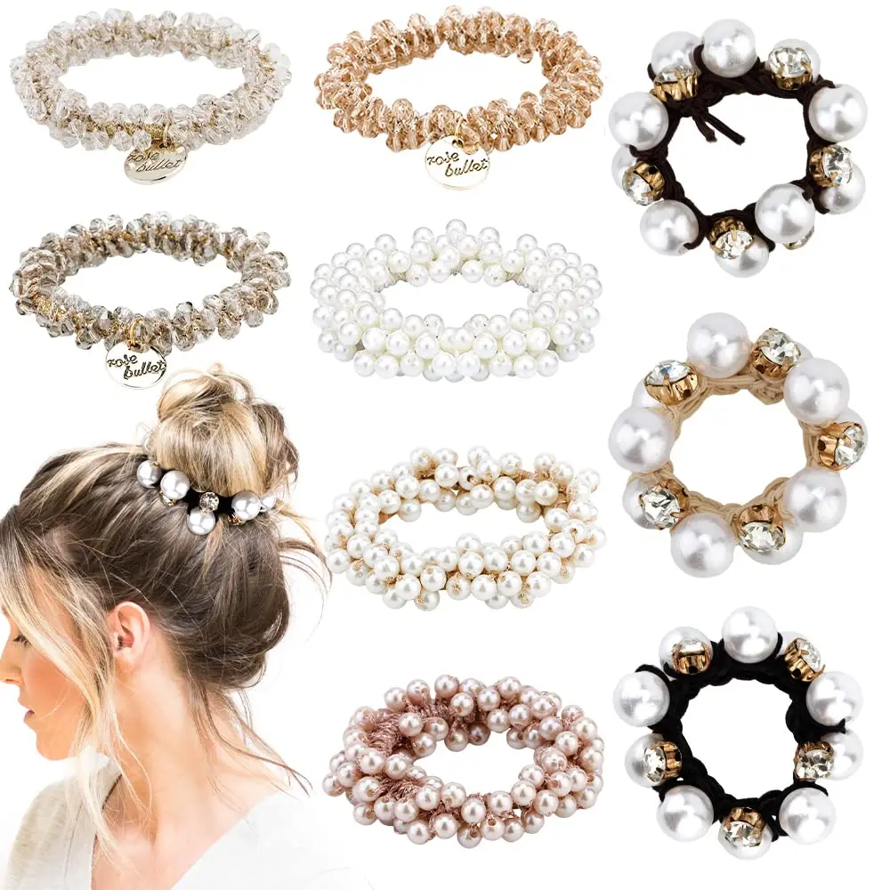 Pearl Hair Ties Elastic Hair Scrunchies Hold Crystal Beads Bulk Hair Ropes Stretchy Handmade Boho Bride Bachelorette Party Hair Accessories for Women Girls (Pearl&Crystal)
