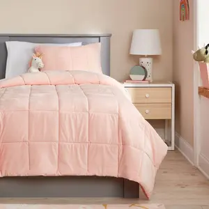 Full/Queen Kids' Comforter Set Windowpane Velvet Pink - Pillowfort: Polyester Bedding, Box Quilting, OEKO-TEX Certified