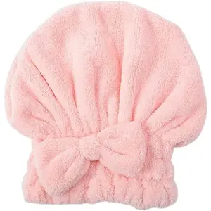 Bowknot Hair Drying Wrap, Coral Fleece Quick Dry Shower Cap, Super Absorbent Towel for Curly & Long Wet Hair – Pink