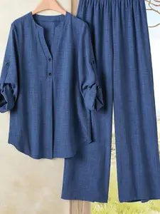 Elegant Casual Women's Plus Size Shirt Pants Set, V Neck Long Sleeve Buttoned Top Blouse, Loose Fit Wide Leg Pants, Spring & Fall Fashion Style, Womenswear