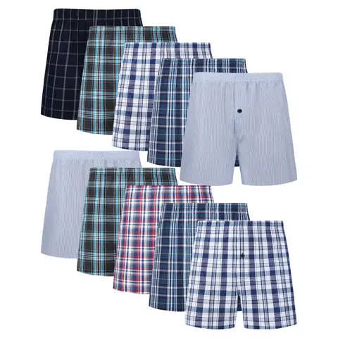 JupiterSecret 10-Pack Men's Woven Boxer Shorts Underwear, Soft Breathable Cotton Blend, Button Fly, Classic Elastic Waistband, Assorted Plaid and Solid Colors