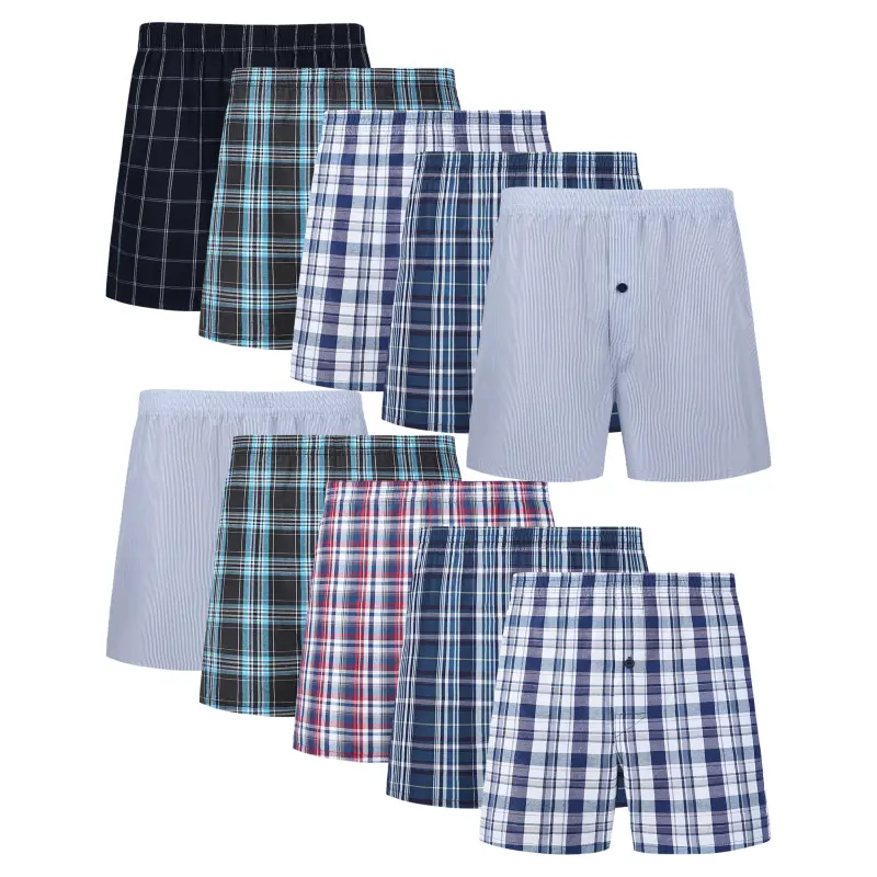 JupiterSecret 10-Pack Men's Woven Boxer Shorts Underwear, Soft Breathable Cotton Blend, Button Fly, Classic Elastic Waistband, Assorted Plaid and Solid Colors