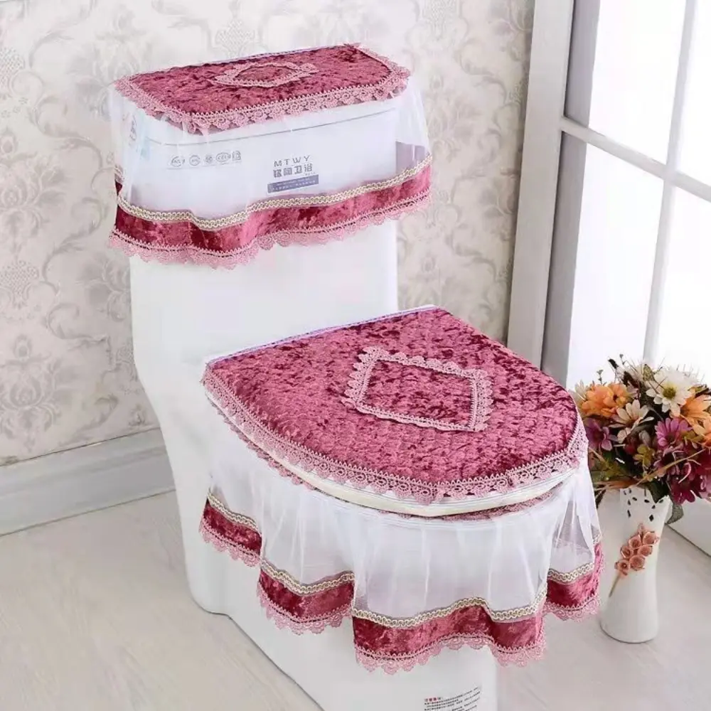 3Pcs Luxury Velvet Lace Toilet Seat Cover Set, Skirted Lace Trim Commode Cushion with Water Tank Dust Cover, Elegant Home Bathroom Decorative Toilet Accessory
