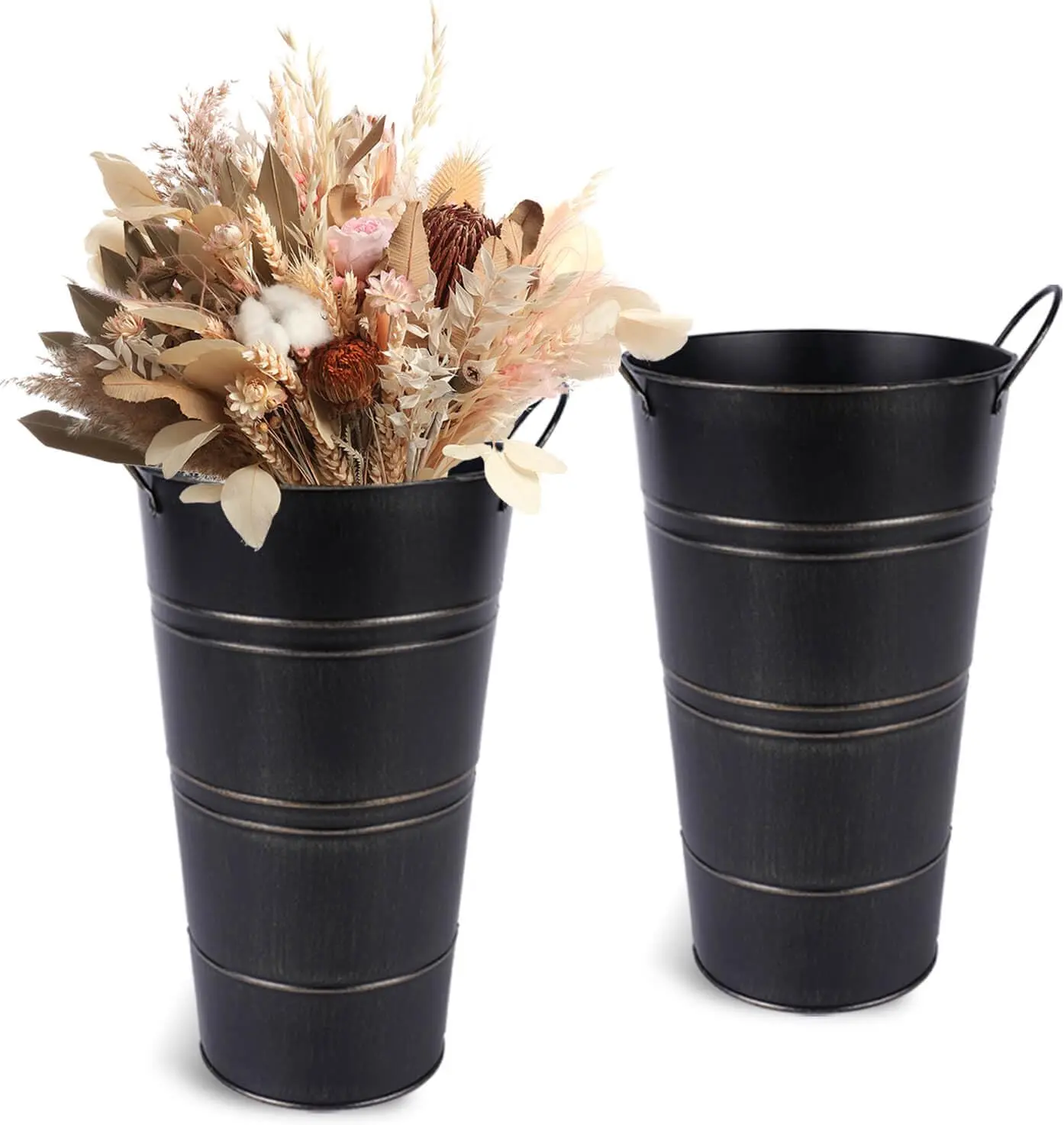 12 Inch Galvanized Metal Vases  - 2 count Farmhouse Decorative Tall Flower Bucket with Handles, Rustic  Tin Planter Buckets for Wedding Decor (Black)