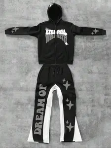 Men's Letter Print Zip Up Hoodie & Colorblock Drawstring Waist Flare Leg Pants Two-piece Set, Regular Fit Street Fashion Drop Shoulder Hooded Sweatshirt & Pocket Bell Bottom Trousers for Daily Wear, Men Two-piece Outfits for Fall & Winter