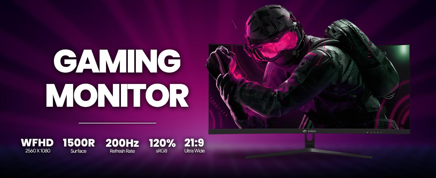 CRUA 30‑Inch 21:9 Ultrawide Curved Gaming Monitor, 2560x1080 FHD 200Hz VA 1500R Curvature, FreeSync 120% sRGB, HDMI 2.0 DP 1.4 3.5mm Audio Jack, 100x100 VESA for Gaming Movies Multitasking Office