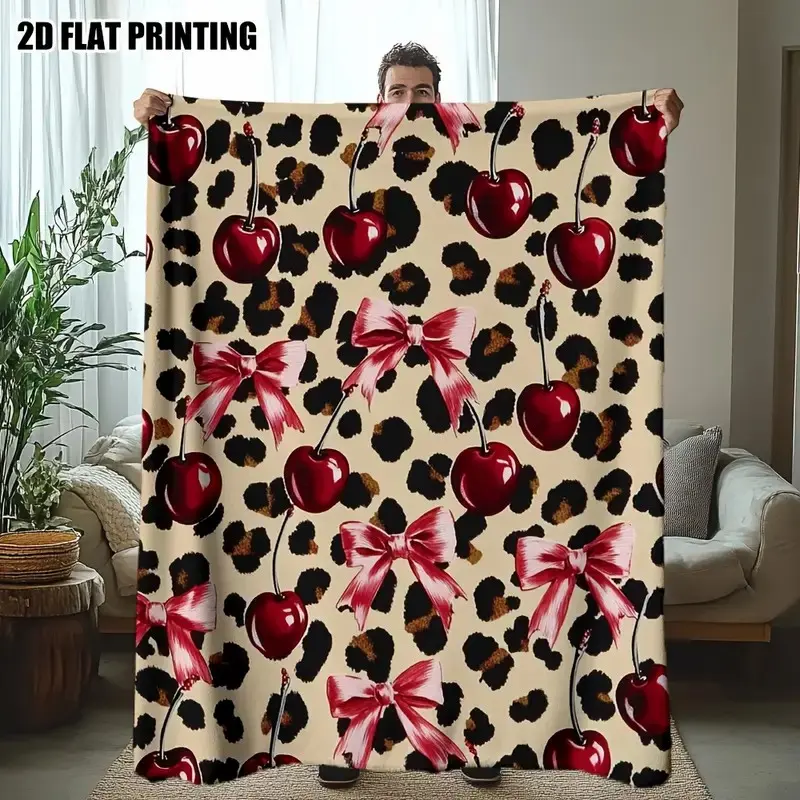 Luxury Leopard Print Blanket with Cherry and Bow Design, Soft Flannel Throw for Home, Bedroom, Sofa, Travel, Perfect Gift, Leopard Pattern Blanket, Flannel Blankets