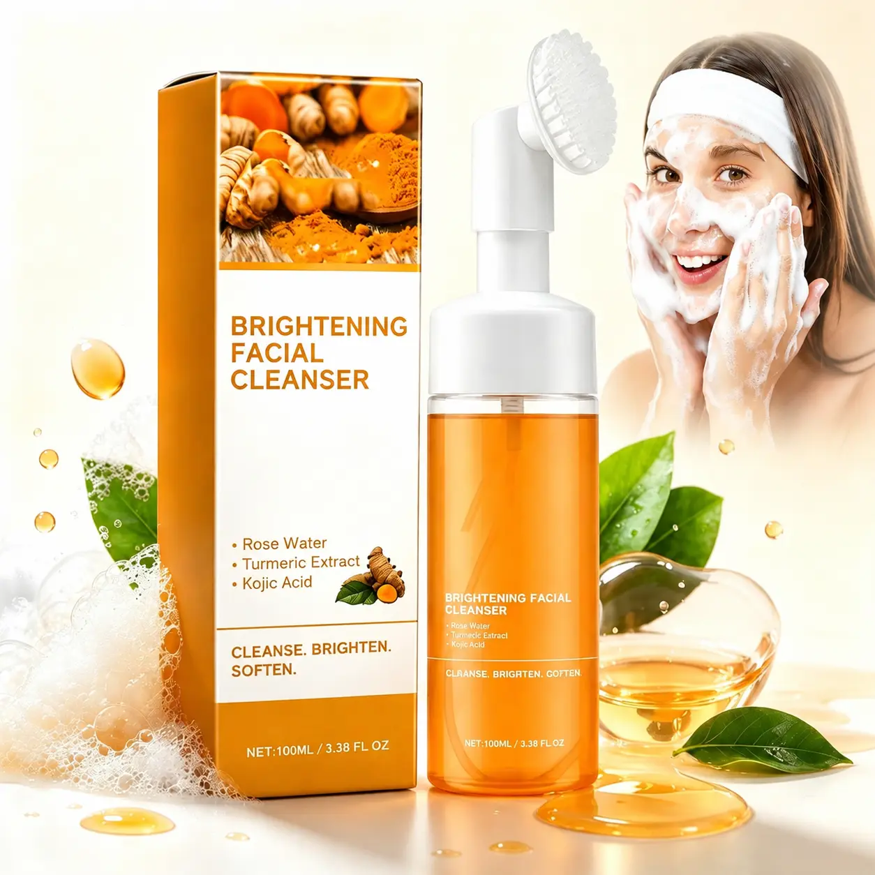 Turmeric Facial Cleanser 100ml, Creamy Rich Foam Gentle Deep Clean Face Wash, Hydrating Daily Skincare Wash for Sensitive, Dry, Oily & Combination All Skin Types