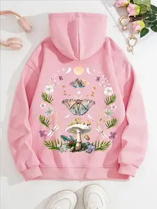 Women's Casual Mushroom Butterfly Floral Hoodie with Front Pocket, Comfortable Winter Pullover, Fall & Winter Wear