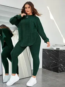 Plus Size Plain Split Curved Hem Long Sleeve Hoodie & Leggings Loungewear Set, Casual Fashion Cozy Breathable Two Piece Outfits for Daily Home Wear, Women's Sleepwear for Spring & Fall