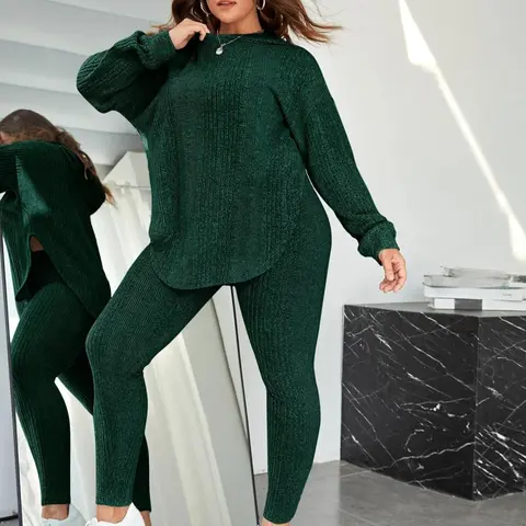 【Plus Size】 Plain Split Curved Hem Hoodie & Leggings Lounge Two-piece Set, Casual Fashion Cozy Breathable Two Piece Outfits for Daily Home Wear, Women's Sleepwear for Spring & Fall, Casual Pajamas Set