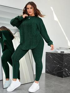 【plus size】 plain split curved hem hoodie & leggings lounge two-piece set, casual fashion cozy breathable two piece outfits for daily home wear, women's sleepwear for spring & fall, pajamas, loungesetwomen