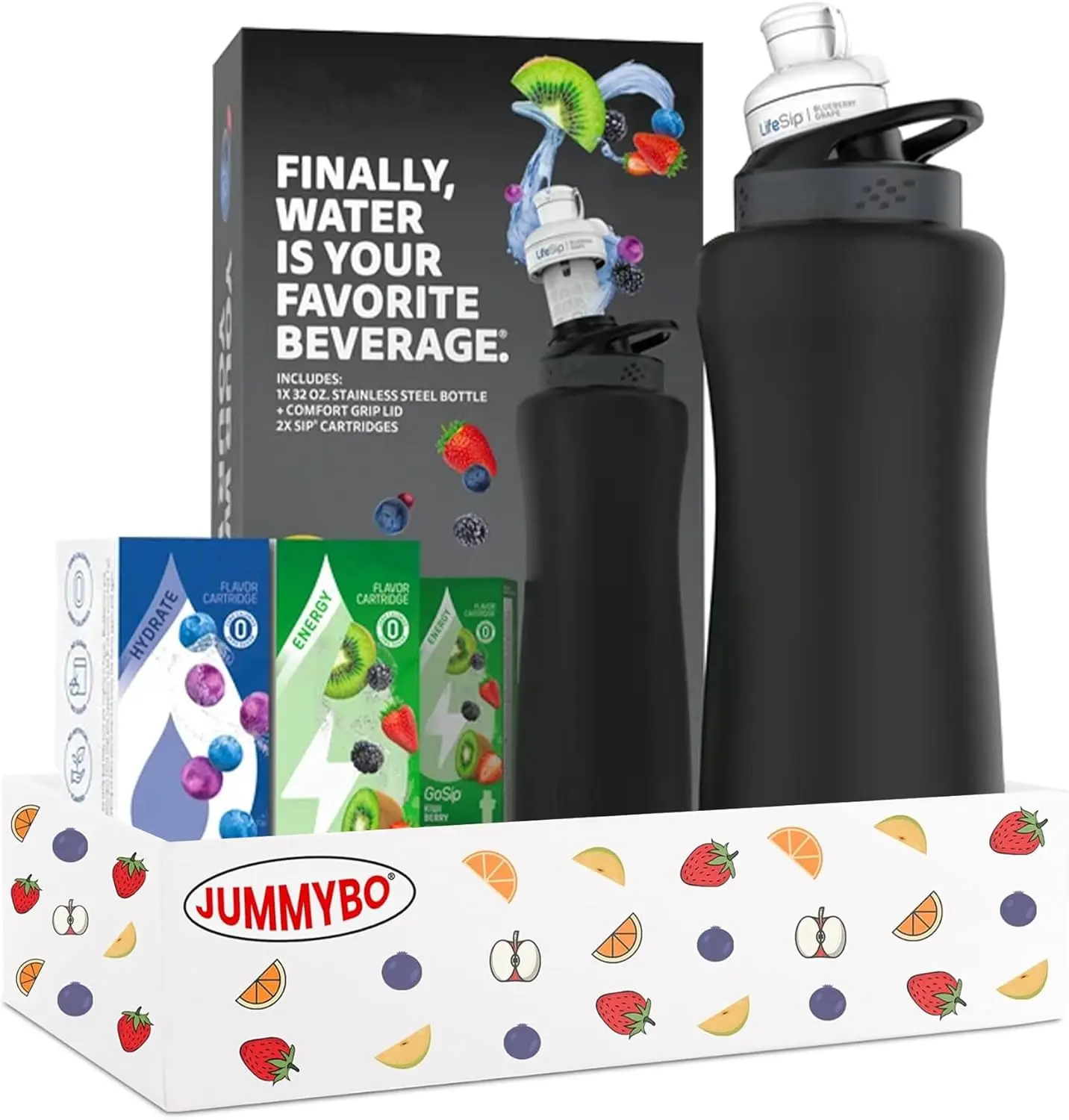 Cirkul 32oz Matte Black Stainless Steel Water Bottle + 2 Flavor Cartridges (Blueberry Grape & Kiwi Berry) tumbler bottle drinkware