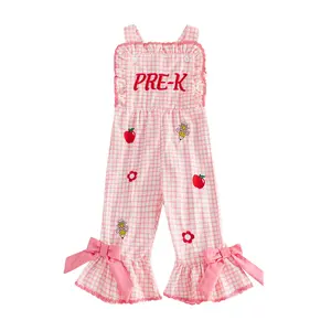 Toddler Baby Girl Back-to-School Outfit Letters Apples Pencil Embroidery Plaid Girls Sleeveless Overalls Jumpsuit