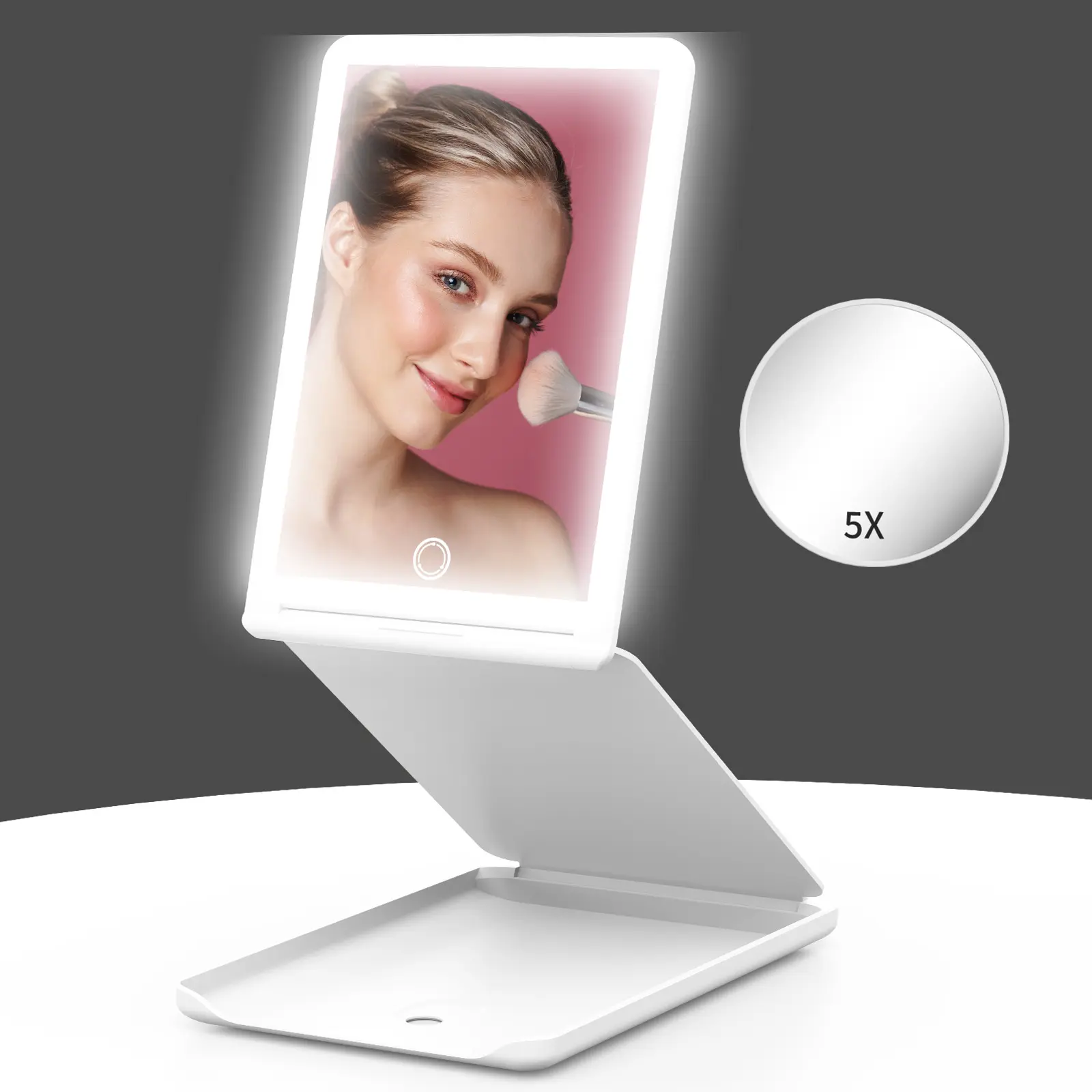 Jack & Rose Travel Makeup Mirror with 3 Color Lights，Adjustable Height and Angle,Portable Folding Mirror，Touchable Screen，Adjust Brightness Summervibes