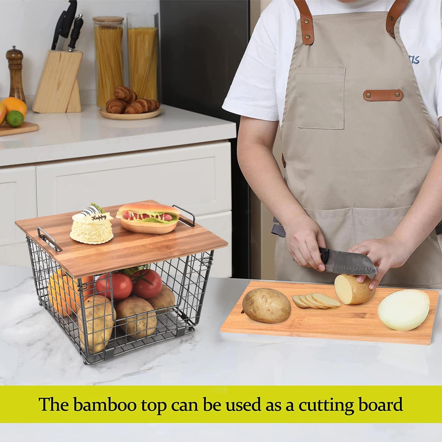 Stackable Metal Wire Basket with Bamboo Lid — Kitchen Countertop Organization & Storage — Cabinet, Shelf, and Counter Space-Saving Organizer — Snack, Fruit, Onion, Potato, Bread Storage Basket